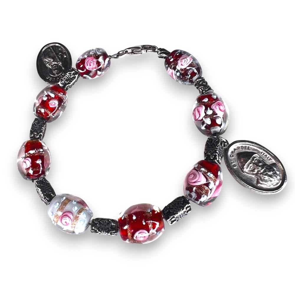 Catholic Bracelet St Jude St Charbel Italy Medals Glass Beads Sterling Clasp 8"